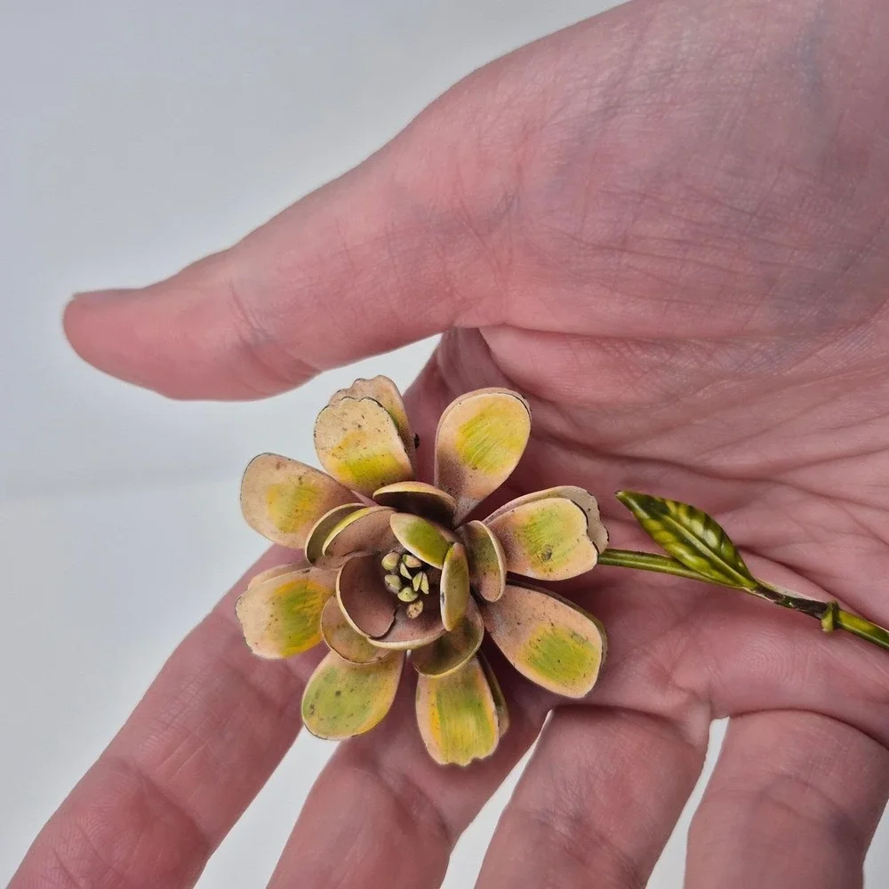 Vtg Enamel Flower Brooch‎ Pink Green Daisy 3.5